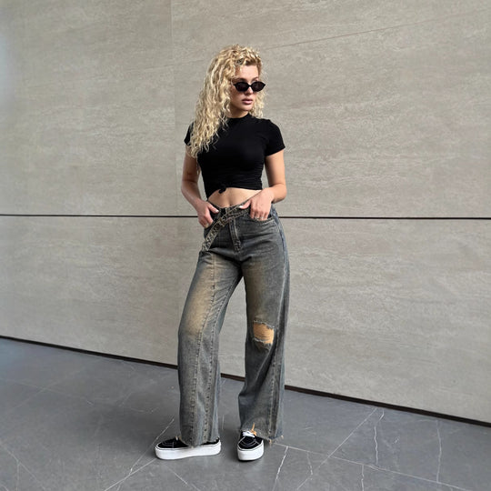 Damen Lässige Baqugy-Jeans mit modischen Rissdetails und Gürtel R&B