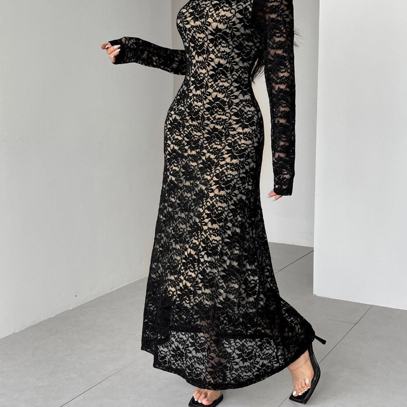 Damen Spitzenlangarmkleid mit schulterfreiem Design und eleganter Transparenz R&B