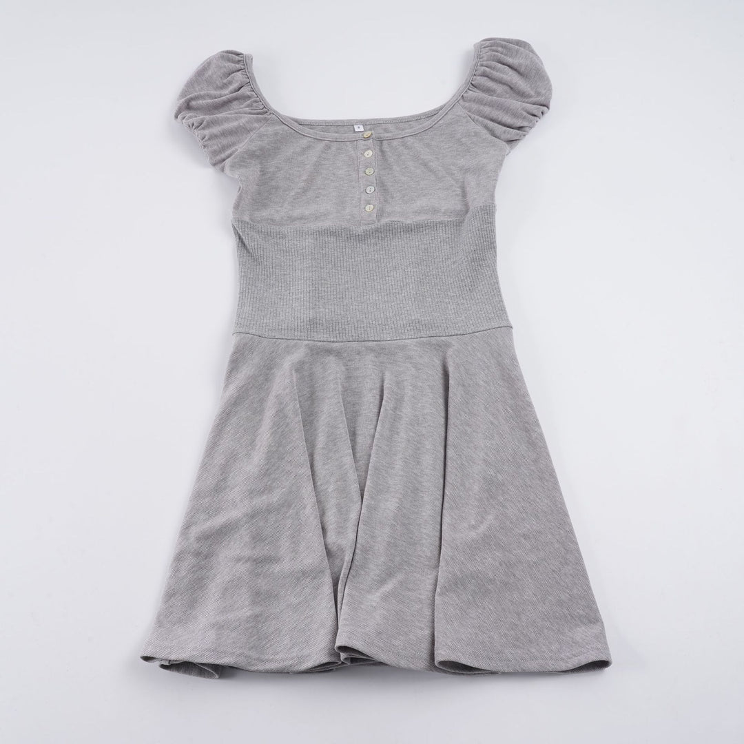 Damen elegantes Kleid mit Puffärmeln und Knopfleiste R&B
