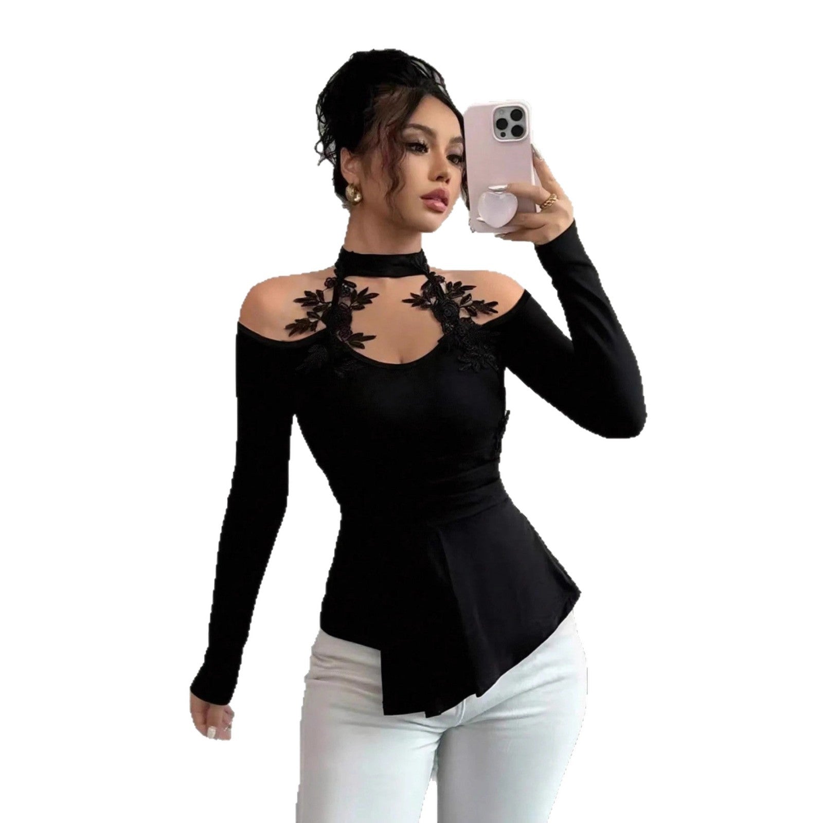 Damen nan schulterfreies Langarm-Top mit Chokerkragen, floralen Spitzenapplikationen und tailliertem Schößchen R&B