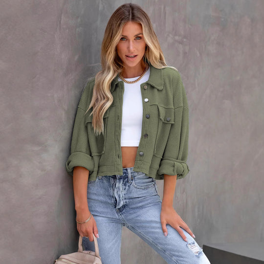 Damen modische Waffelstruktur-Jacke mit praktischen Taschen und leichtem Schnitt R&B