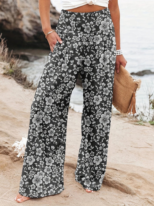 Damen Weit geschnittene Strandhose mit floralem Motiven und elastischem Bund R&B