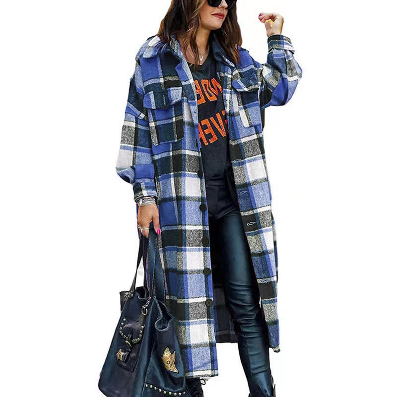Damen Langarm-Wolljacke mit Karomuster und praktischen Taschen R&B