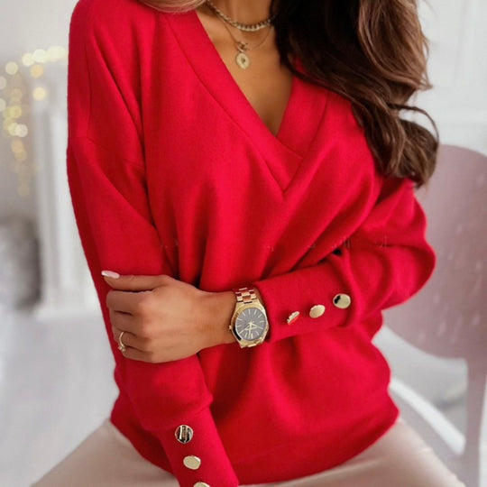Damen lässiger V-Ausschnitt Pullover aus weichem Baumwollmix R&B