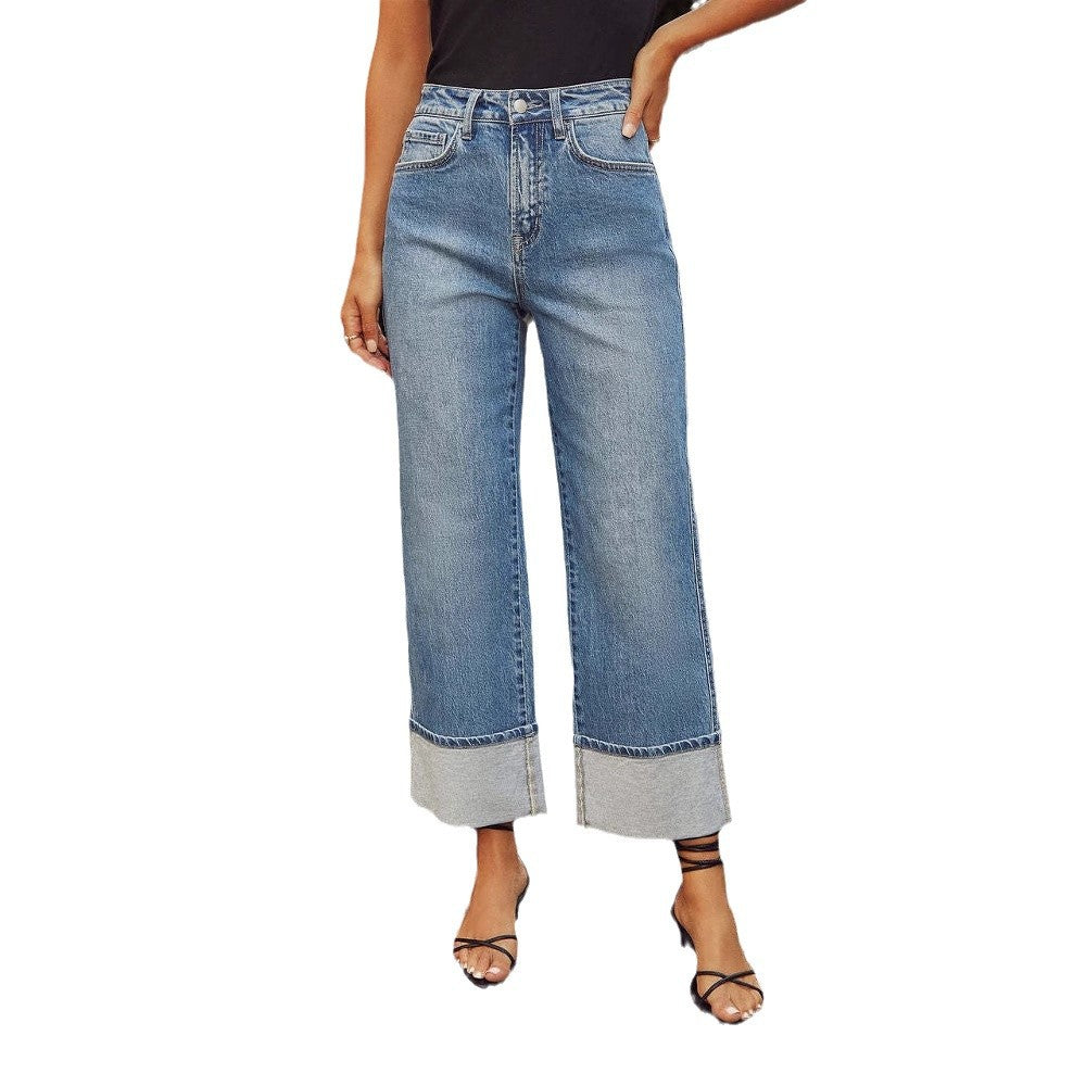 Damen Weite Jeans im modernen cropped Stil mit Kontrastabschlüssen R&B