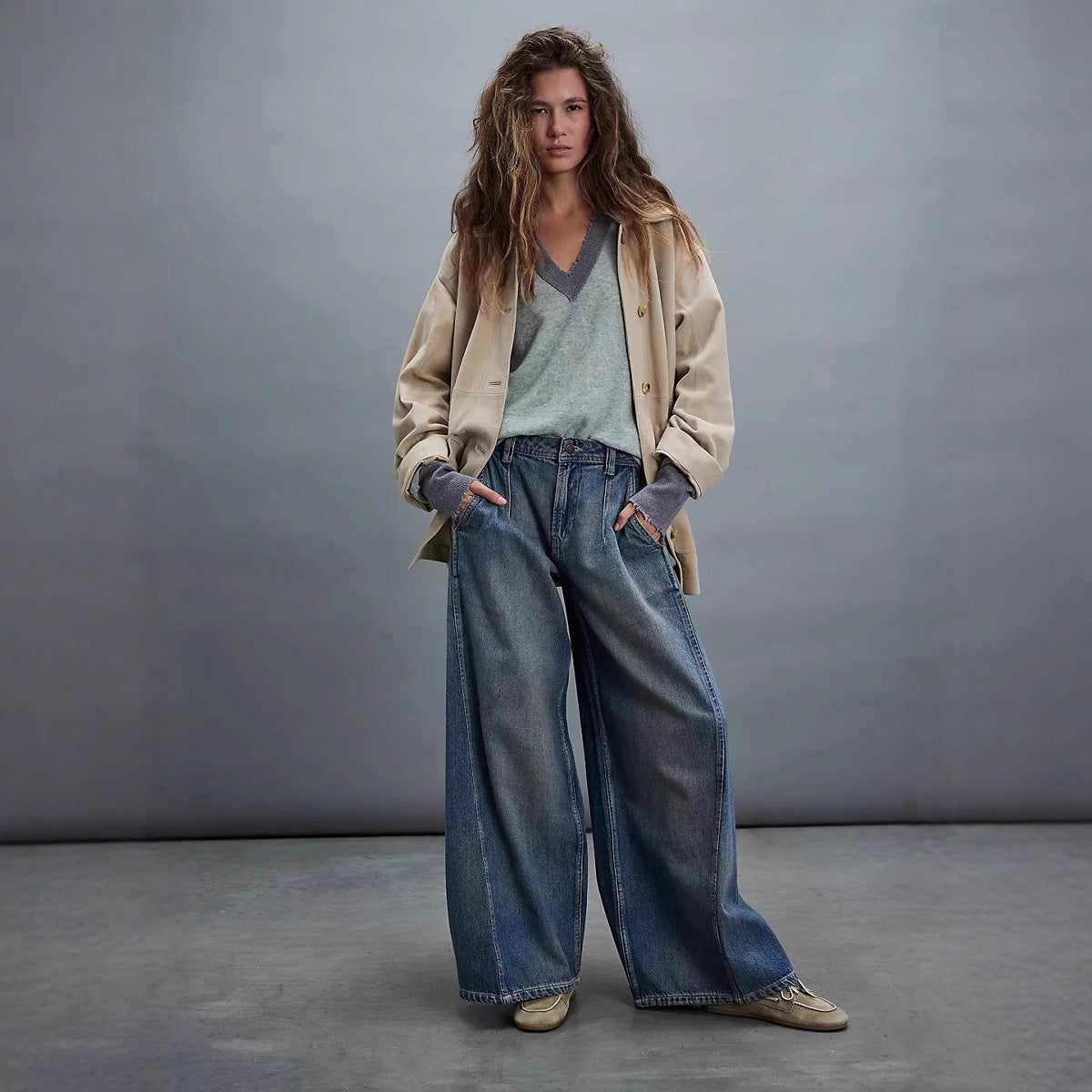 Damen Weite High-Waist Jeans mit Vintage-Details