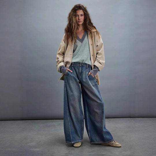 Damen Weite High-Waist Jeans mit Vintage-Details