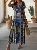 Damen Maxikleid mit geometrischem Muster und V-Ausschnitt R&B