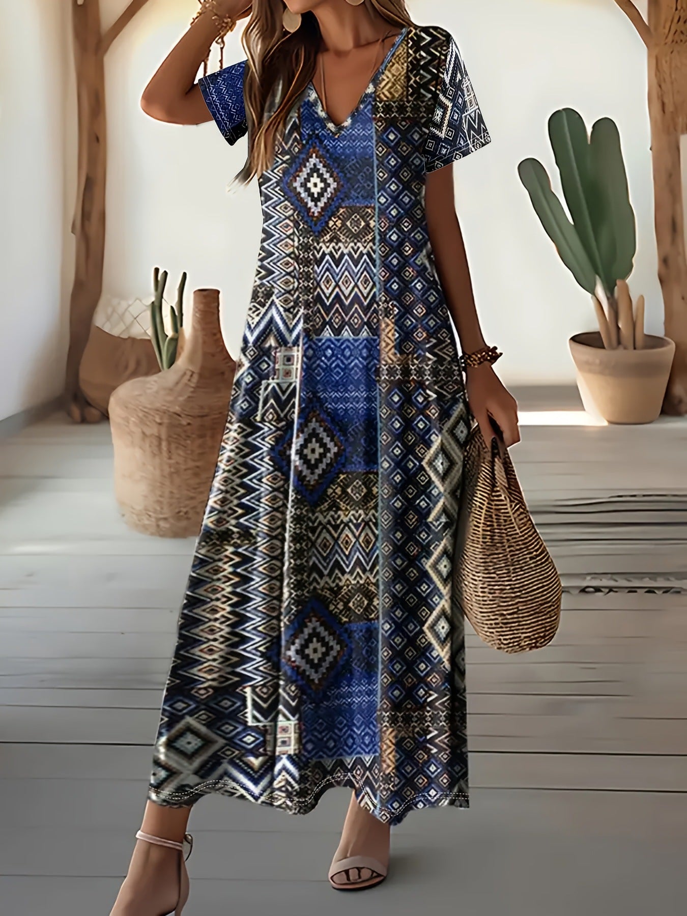 Damen Maxikleid mit geometrischem Muster und V-Ausschnitt R&B