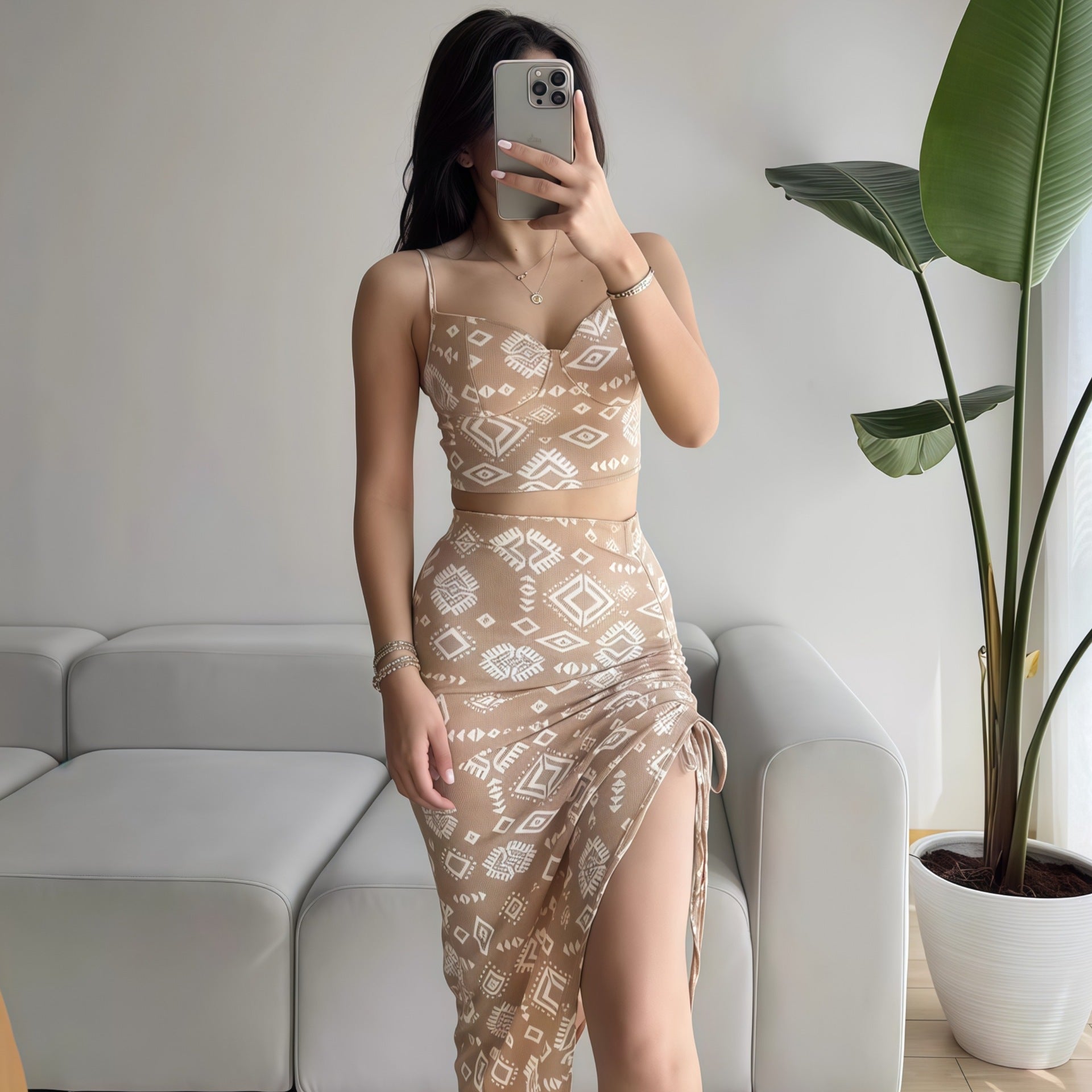 Damen Set aus Crop-Top und Knielangem Rock mit Raffungen R&B