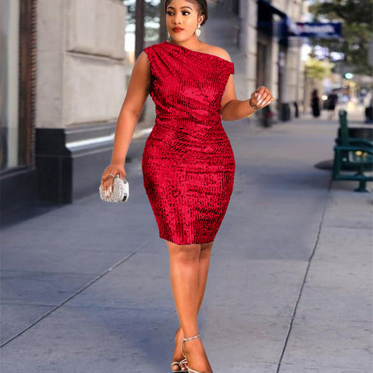 Damen figurbetontes Cocktailkleid mit asymmetrischem Schnitt und glitzerndem Stoff R&B
