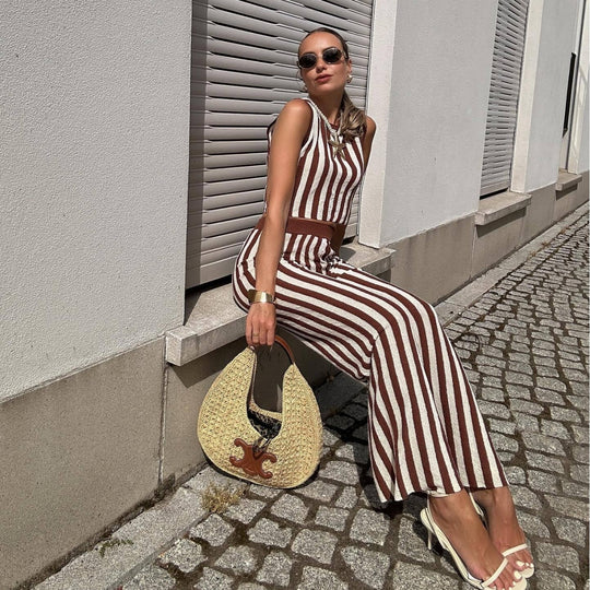 Damen lässiger Jumpsuit mit gestreiftem Design und hohem Bund R&B