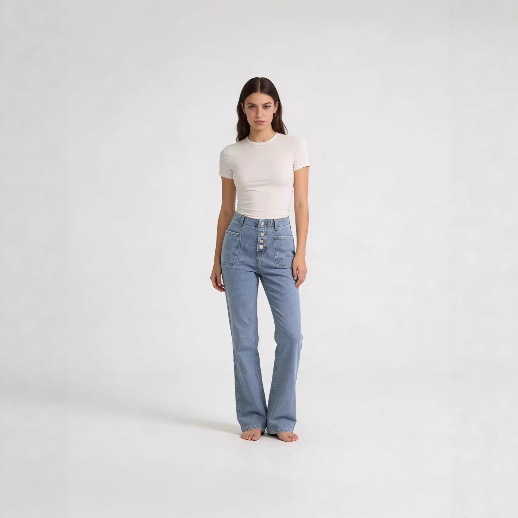Damen Bootcut Jeans mit hohem Bund und Knopfleiste