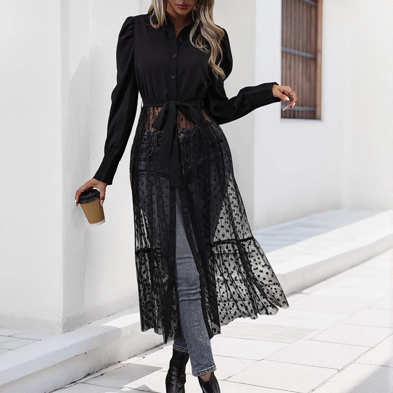 Damen elegantes Maxikleid mit transparenter Überlagerung und taillierbarem Gürtel R&B