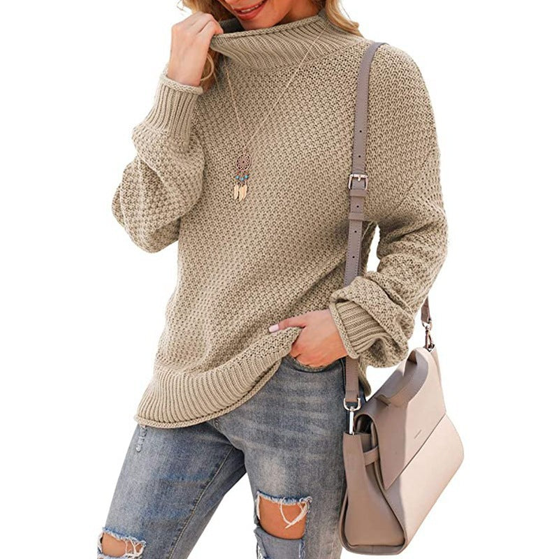 Damen Grobstrickpullover mit hohem Kragen und bequemen Ärmeln R&B