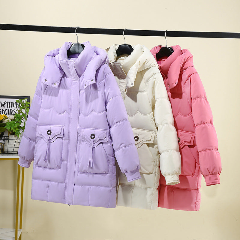 Damen Lange Pufferjacke mit praktischem Kapuzenkragen und großen Taschen R&B