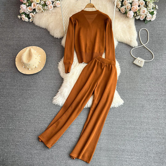 Damen Strickanzug mit weitem Bein und Knopfleiste R&B