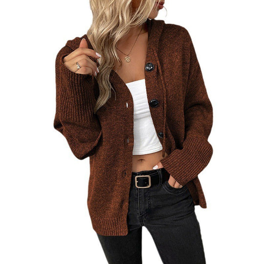 Damen Strickjacke mit Kapuze und Knöpfen R&B