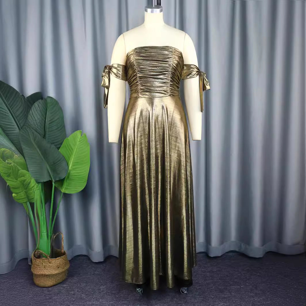 Damen Elegantes Maxikleid mit gerafftem Oberteil und schimmernden Ärmeln R&B