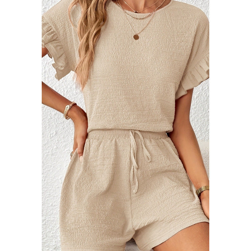 Damen Kurzarm-Overall mit Rüschendetails und Bindegürtel R&B