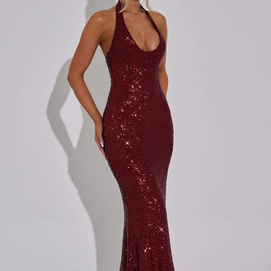 Damen Glamouröses Pailletten Kleid mit tiefem V-Ausschnitt und langem Saum R&B