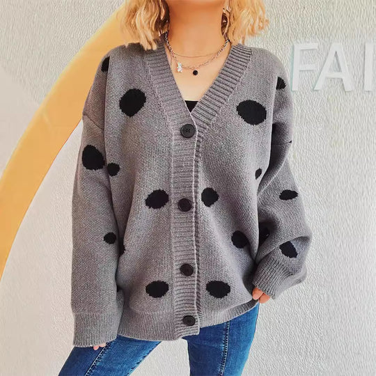 Damen lässige Strickjacke mit modernen Punkten und voluminösen Ärmeln R&B