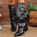 Damen nan kniehohe Slouch-Stiefel mit spitzer Zehenpartie niedrigem Blockabsatz und dekorativem Schaftgurt R&B