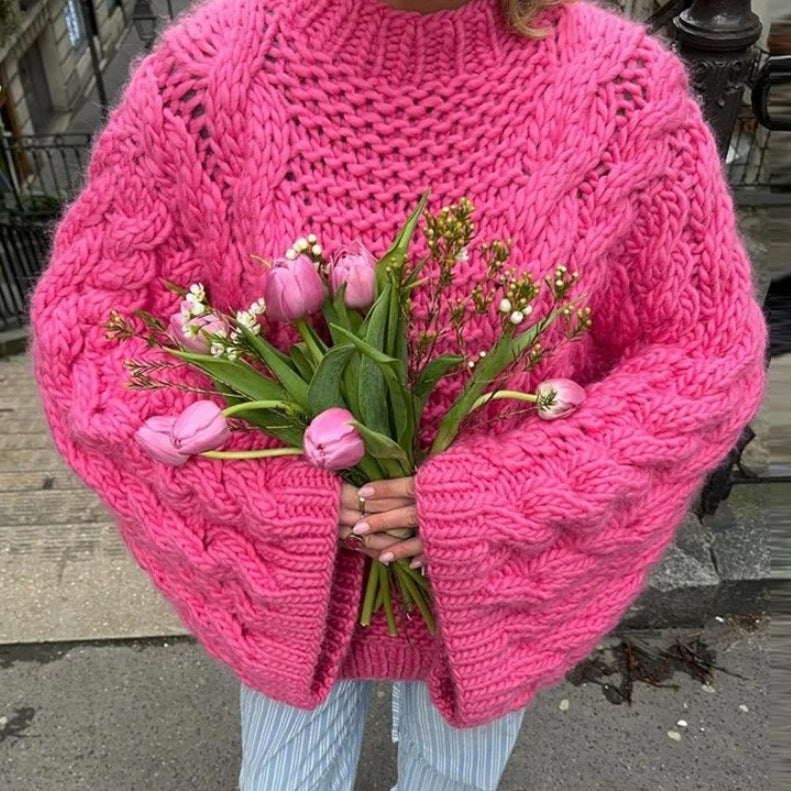Damen oversize Strickpullover mit Zopfstrickmuster R&B