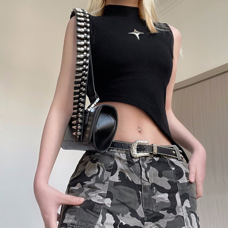 Damen asymmetrisches Crop-Top mit R&Brnem Design und dekorativen Details R&B