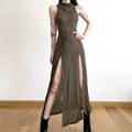 Damen Elegantes Maxikleid mit hohem Schlitz und Kapuze R&B