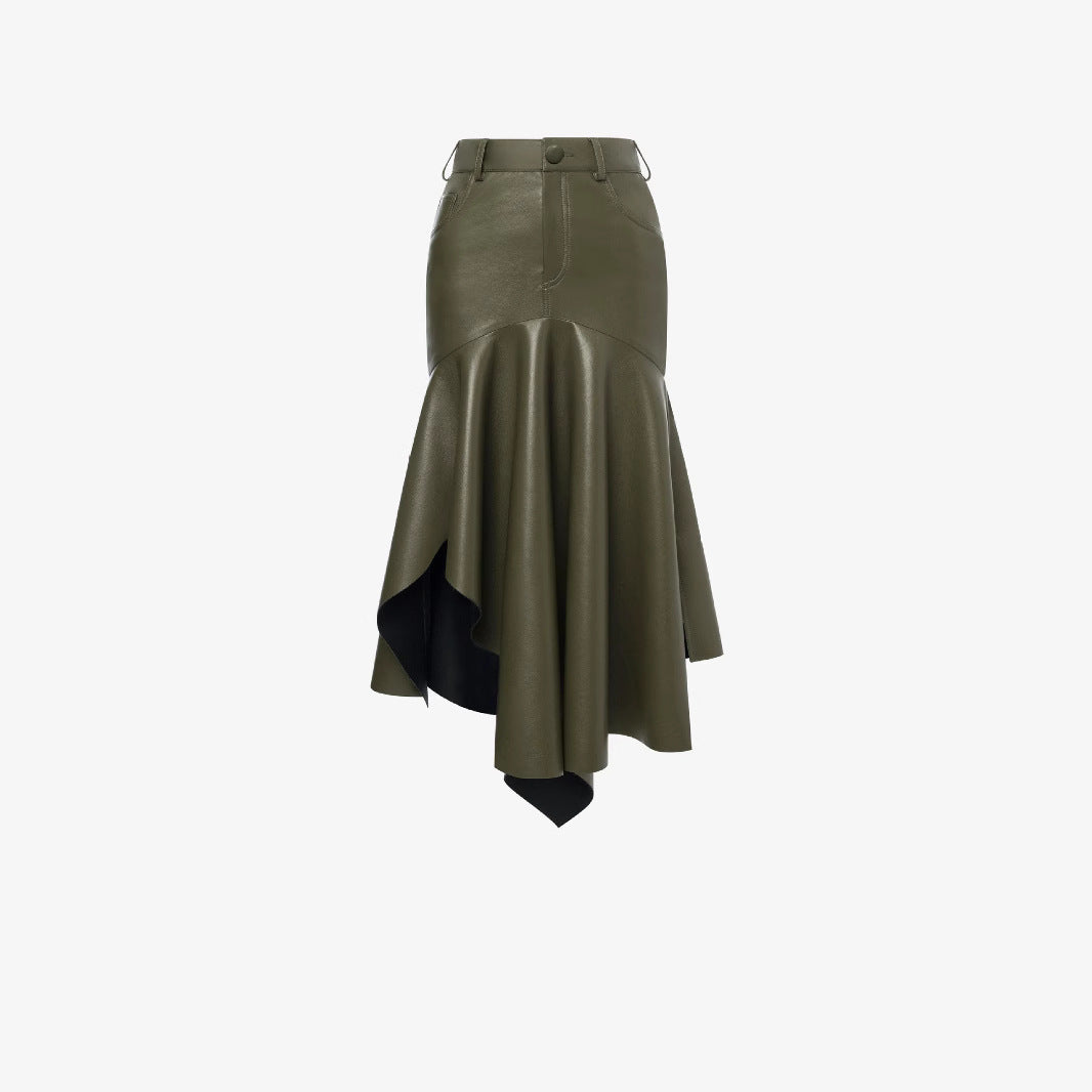 Damen Elegante Kunstleder Midi-Rock mit schwingendem Saum R&B