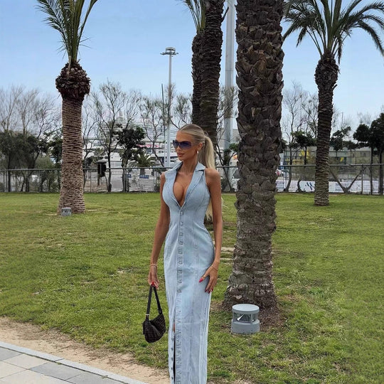Damen Denim Maxikleid mit Knopfleiste und hohem Kragen R&B
