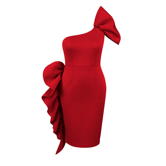 Damen figurbetontes Abendkleid mit asymmetrischem Design und voluminösem Schleifenakzent R&B