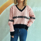 Damen lässiger Strickpullover mit modernem Zopfmuster und kontrastierenden Akzenten R&B
