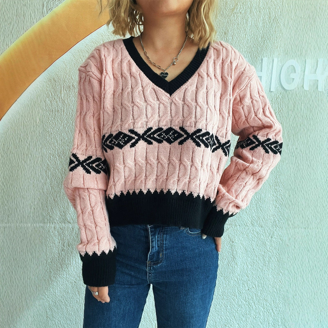 Damen lässiger Strickpullover mit modernem Zopfmuster und kontrastierenden Akzenten R&B