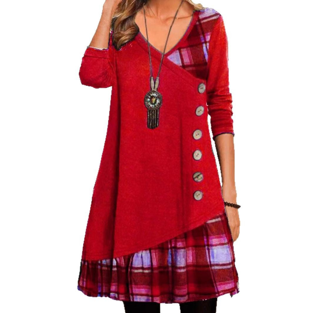 Damen nan asymmetrisches V-Ausschnitt-Tunika-Kleid mit Zierknopfleiste und Animalprint-Besatz R&B