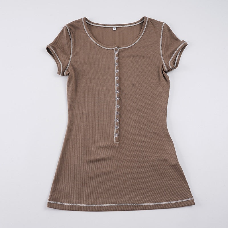Damen figurbetontes Kurzarmshirt mit Knopfleiste und eleganter Rippstruktur R&B