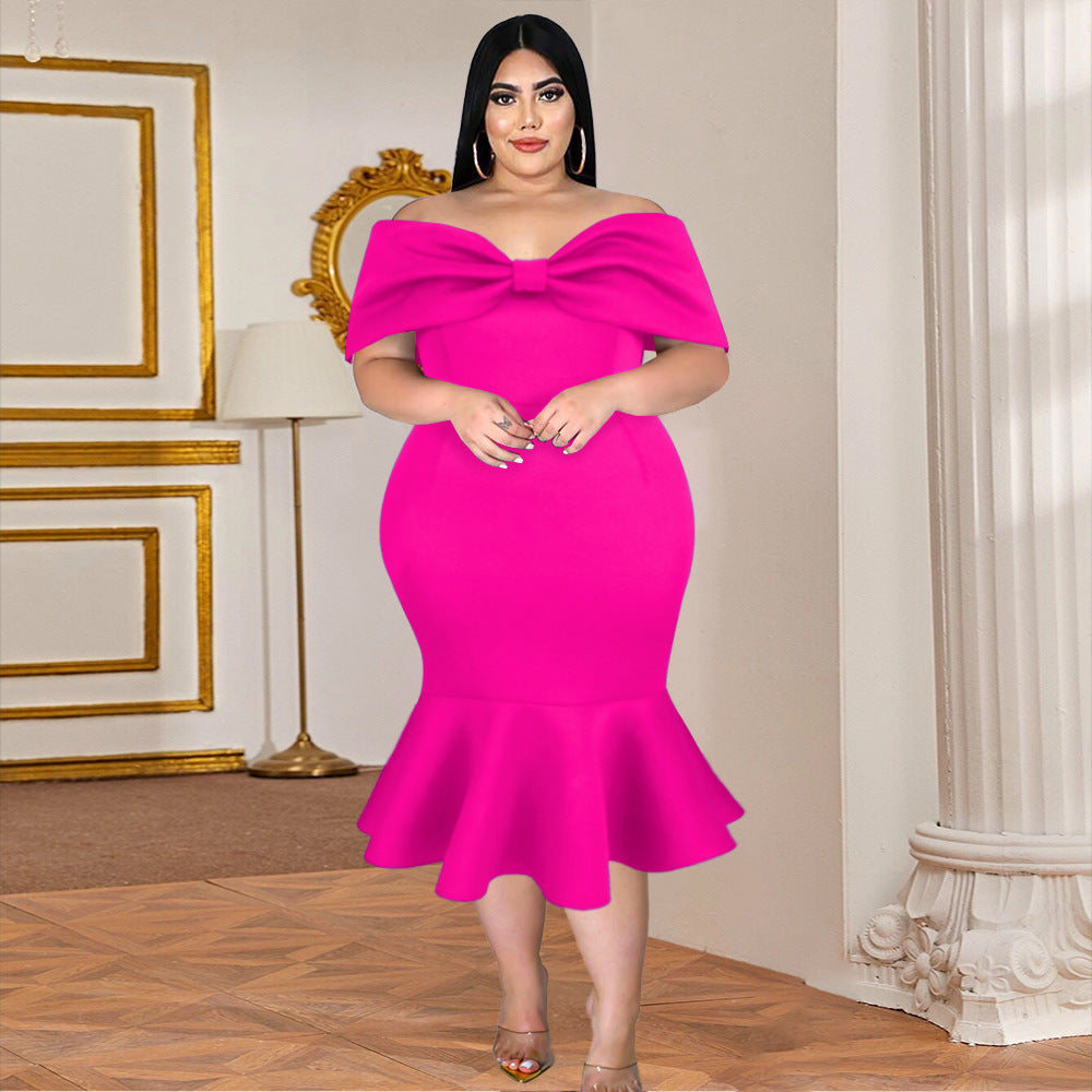 Damen figurbetontes Kleid mit schulterfreiem Design und voluminösem Schleifenakzent R&B