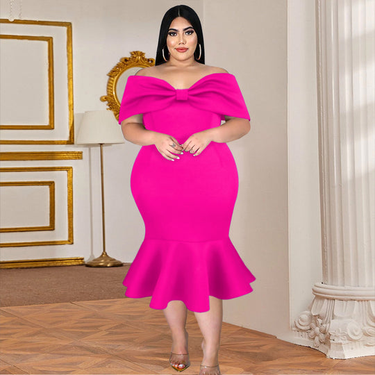 Damen figurbetontes Kleid mit schulterfreiem Design und voluminösem Schleifenakzent R&B