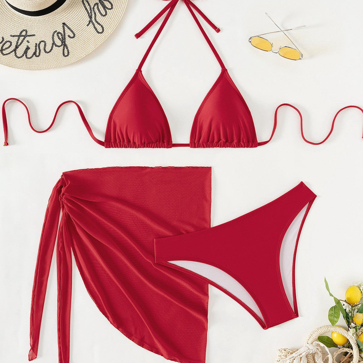 Damen Triangel-Bikini mit floralen Mustern und seitlichem Wickelelement R&B