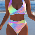 Damen hochgeschnittener Bikini mit modernem Wickeldesign und schimmerndem Leopardenmuster