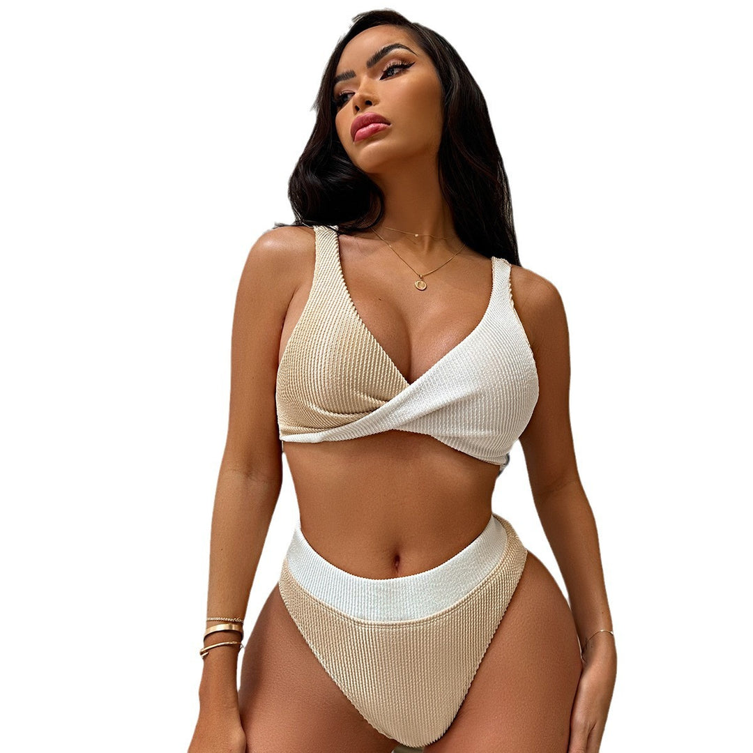 Damen Hochwertiges Ripp-Bikini-Set mit überkreuztem Oberteil R&B