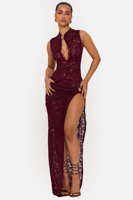 Damen Elegantes Spitzenkleid mit tiefem V-Ausschnitt und drapiertem Saum R&B