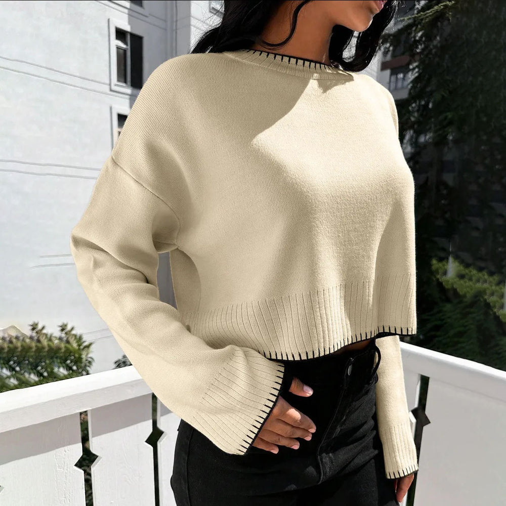 Damen lässiger Cropped Pullover mit feiner Rippstruktur und elastischem Bund R&B