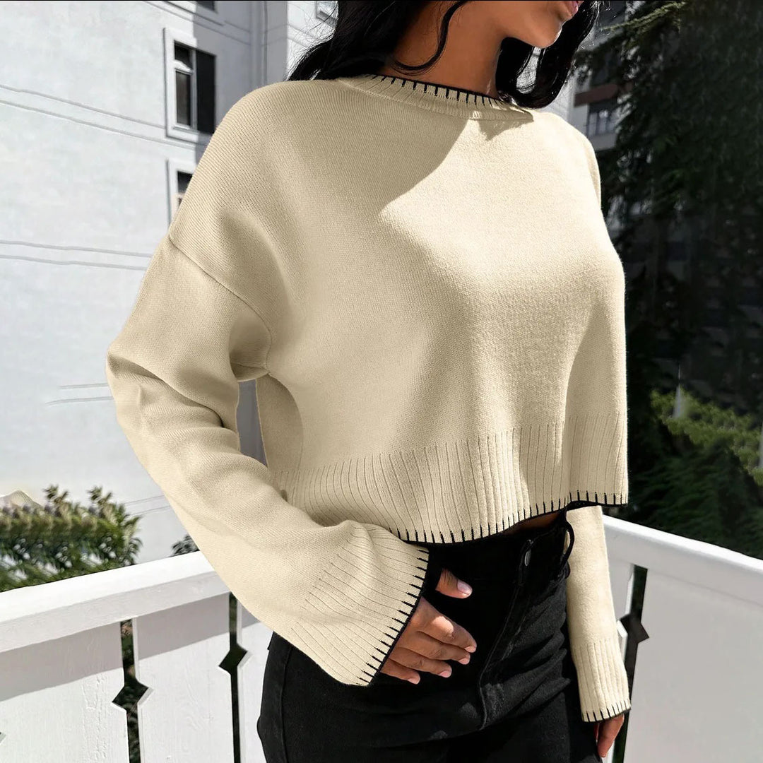 Damen lässiger Cropped Pullover mit feiner Rippstruktur und elastischem Bund R&B