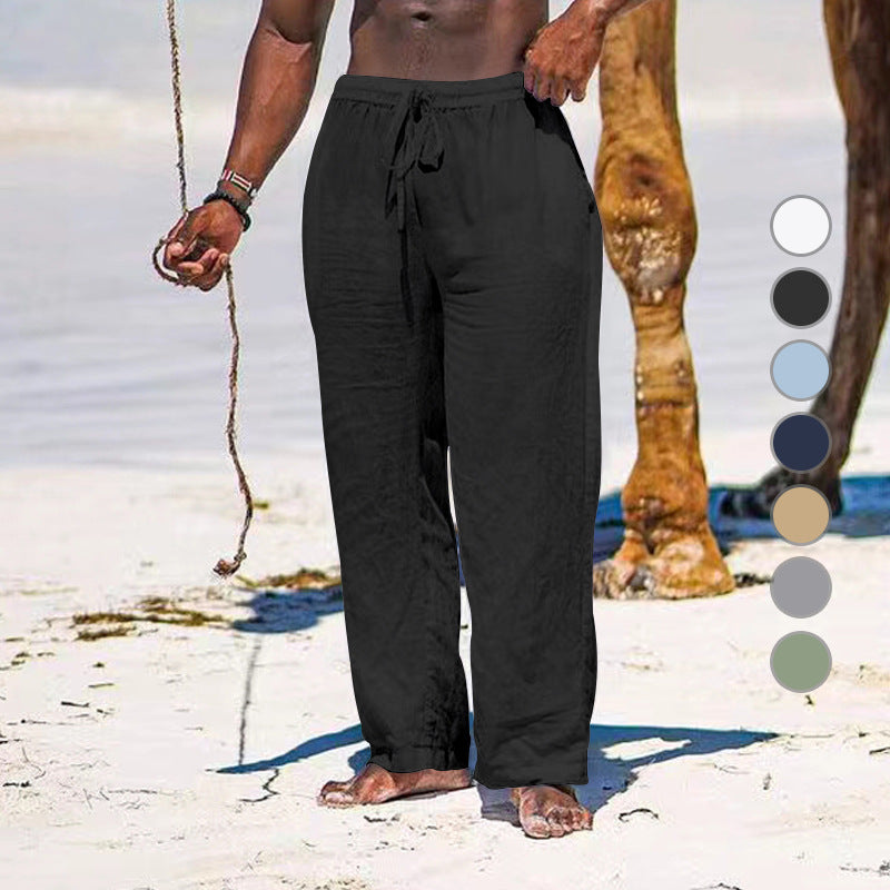 Herren lässige Strandhose aus leichtem Leinenstoff mit elastischem Bund und Kordelzug R&B