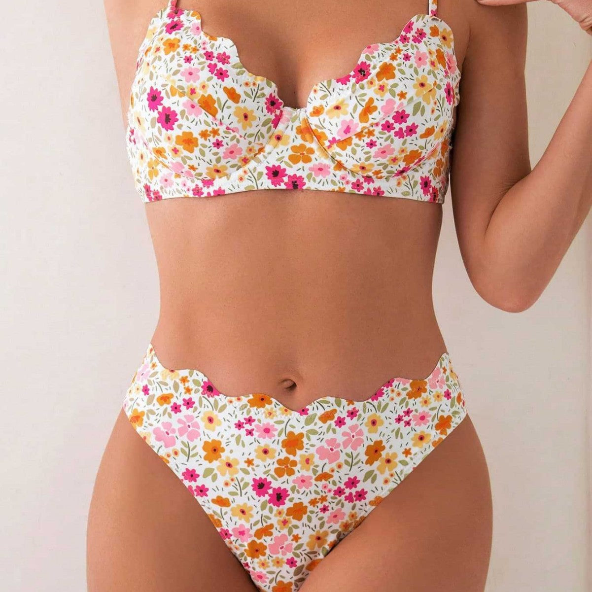 Damen Blumendekorierter Hochschnitt-Bikini R&B