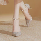 Damen elegante Pumps mit glitzerndem Strass und zartem Riemchen R&B