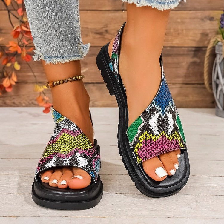 Damen bequeme Riemchen-Sandalen mit buntem Muster R&B