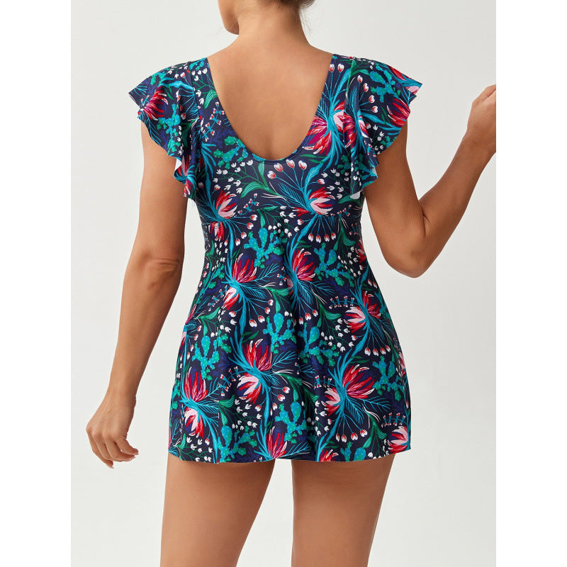 Damen Einteiler Badeanzug mit femininer Raffung und floralem Design R&B